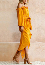 Yellow Irregular Sashes Ruffle Off Shoulder Backless Long Sleeve Party Midi Dress