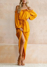 Yellow Irregular Sashes Ruffle Off Shoulder Backless Long Sleeve Party Midi Dress
