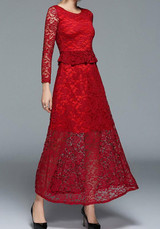 Wine Red Patchwork Lace Ruffle Long Sleeve Elegant Maxi Dress