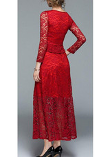 Wine Red Patchwork Lace Ruffle Long Sleeve Elegant Maxi Dress