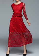 Wine Red Patchwork Lace Ruffle Long Sleeve Elegant Maxi Dress
