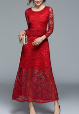Wine Red Patchwork Lace Ruffle Long Sleeve Elegant Maxi Dress