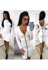 White Zipper Long Sleeve Fashion Midi Dress