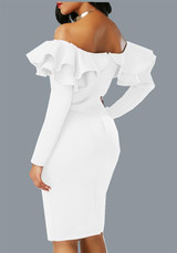 White Zipper Cascading Double Ruffle Off Shoulder Backless Long Sleeve Party Midi Dress