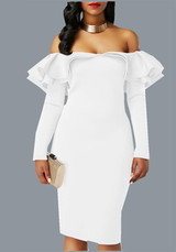 White Zipper Cascading Double Ruffle Off Shoulder Backless Long Sleeve Party Midi Dress