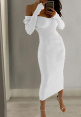 White Plain Draped Plunging Neckline Long Sleeve Midi Dress