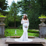 White Patchwork Lace Off Shoulder Mermaid Maternity Long Sleeve Maxi Dress