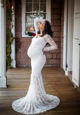 White Patchwork Lace Off Shoulder Mermaid Maternity Long Sleeve Maxi Dress