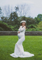 White Patchwork Lace Off Shoulder Mermaid Maternity Long Sleeve Maxi Dress