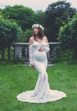White Patchwork Lace Off Shoulder Mermaid Maternity Long Sleeve Maxi Dress