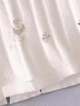 White Off Shoulder Ripped Long Sleeve Knitted Bodycon Mini Dress