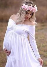 White Draped Bandeau Ruched Backless Off Shoulder Maternity Long Sleeve Maxi Dress