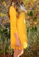 Casual Yellow Patchwork Lace Draped Round Neck Long Sleeve Mini Dress