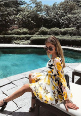 Casual Yellow Floral Print Pleated Lantern Sleeve Long Sleeve Sweet Mini Dress
