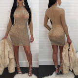 Casual Women Long Sleeves Bodycon Rhinestones Club Party Cocktail Evening Mini Dress