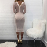 Casual White Grenadine Lace-up Deep V-neck Long Sleeve Prom Evening Party Maxi Dress