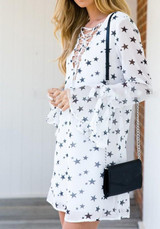 Casual White Galaxy Print Drawstring V-neck Long Sleeve Mini Dress
