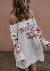Casual White Floral Ruffle Boat Neck Long Sleeve Mini Dress Casual White Floral Ruffle Boat Neck Long Sleeve Mini Dress