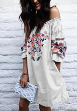 Casual White Floral Ruffle Boat Neck Long Sleeve Mini Dress Casual White Floral Ruffle Boat Neck Long Sleeve Mini Dress