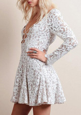 Casual White Floral Pleated Lace Cut Out Long Sleeve Mini Dress