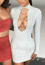 Casual White Drawstring V-neck Long Sleeve Fashion PU Leather Mini Dress