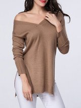 Casual V-Neck Side-Vented Plain Sweater