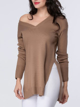 Casual V-Neck Side-Vented Plain Sweater
