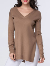Casual V-Neck Side-Vented Plain Sweater