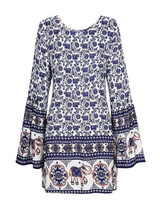 Casual V-Neck Printed Long Sleeve Skater Dress