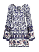 Casual V-Neck Printed Long Sleeve Skater Dress