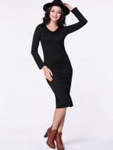 Casual V-Neck Plain Long Sleeve Knitted Dress