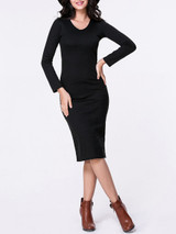 Casual V-Neck Plain Long Sleeve Knitted Dress