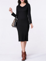 Casual V-Neck Plain Long Sleeve Knitted Dress