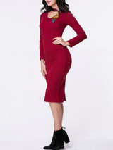 Casual V-Neck Plain Long Sleeve Knitted Dress