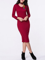 Casual V-Neck Plain Long Sleeve Knitted Dress