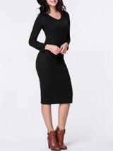 Casual V-Neck Plain Long Sleeve Knitted Dress