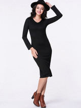Casual V-Neck Plain Long Sleeve Knitted Dress