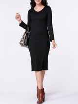 Casual V-Neck Plain Long Sleeve Knitted Dress