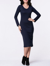 Casual V-Neck Plain Long Sleeve Knitted Dress