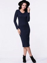 Casual V-Neck Plain Long Sleeve Knitted Dress