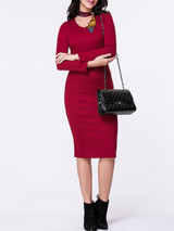 Casual V-Neck Plain Long Sleeve Knitted Dress
