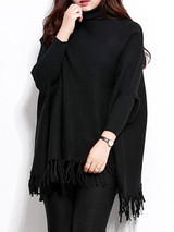 Casual Turtleneck Fringe Plain Batwing Sleeve Plus Size Sweater