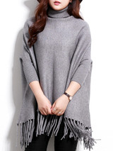 Casual Turtleneck Fringe Plain Batwing Sleeve Plus Size Sweater