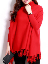 Casual Turtleneck Fringe Plain Batwing Sleeve Plus Size Sweater