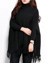 Casual Turtleneck Fringe Plain Batwing Sleeve Plus Size Sweater