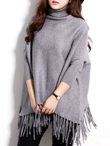 Casual Turtleneck Fringe Plain Batwing Sleeve Plus Size Sweater
