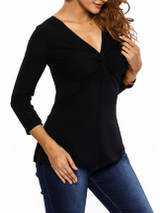 Casual Sexy Designed Deep V-Neck Plain Plus Long Sleeve T-Shirt