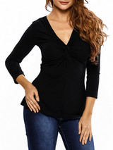 Casual Sexy Designed Deep V-Neck Plain Plus Long Sleeve T-Shirt