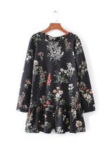 Casual Round Neck Ruffle Trim Floral Printed Long Sleeve Romper