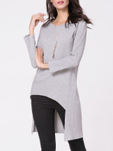 Casual Round Neck Ribbed Dip Hem Plain Sweater